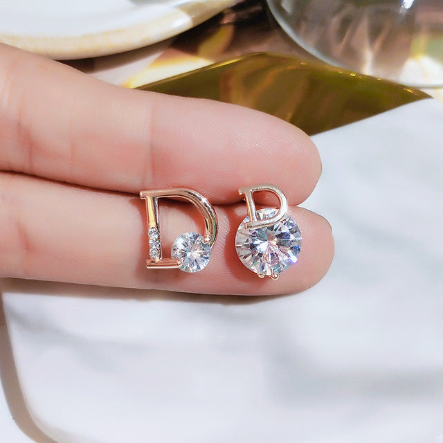 925 Silver Asymmetrical Stud Earrings with Zircon Letter D – Elegant and Personalized Design