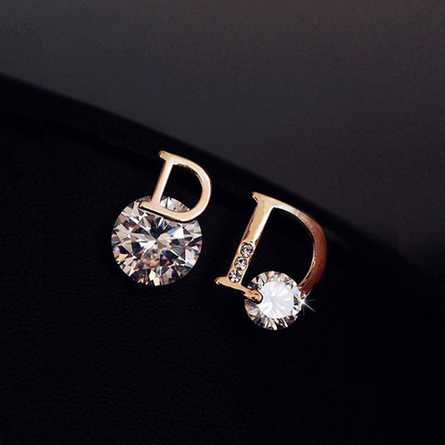 925 Silver Asymmetrical Stud Earrings with Zircon Letter D – Elegant and Personalized Design