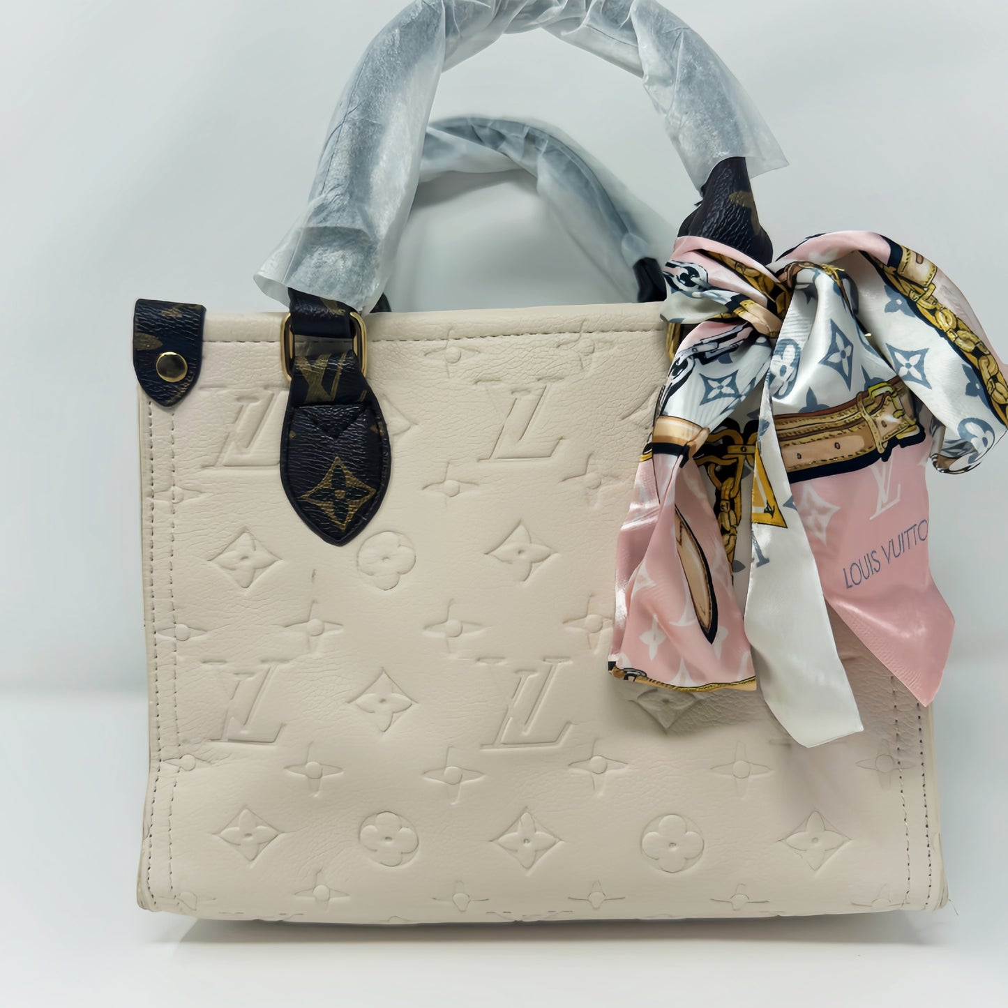 Elegant Cream Embossed Mini Tote Bag with Scarf Accent