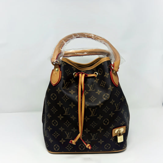 Elegant Monogram Bucket Bag with Leather Trim and Gold Accent